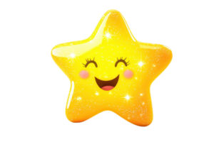 Smiling cartoon star character with sparkling glitter effect, cheerful and bright design ideal for children's illustrations and playful themes. png