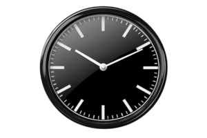 Sleek black analog clock with minimalist design, showing time on a glossy surface, isolated on a transparent background. perfect for modern decor. png