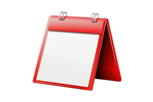 Red desk calendar with blank pages on a transparent background. symbolizing organization, planning, and time management in professional settings. png