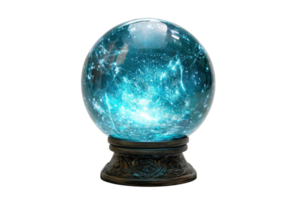 Mystical glowing crystal ball on a decorative stand, capturing ethereal blue light and reflecting magical visions of the future. png