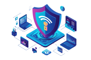 Illustration of cybersecurity concept with digital shield, devices, and data symbols. Represents secure internet and network protection. png