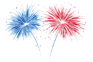 Vibrant red and blue fireworks burst against a dark sky, capturing the essence of celebration and festive joy in a dazzling display. png
