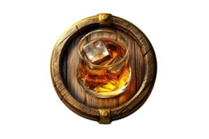 Top view of whiskey glass with ice on a wooden barrel surface, showcasing elegance and indulgence in a refined setting. png