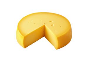geheel ronde kaas met een wig besnoeiing uit, presentatie van haar glad structuur en geel tint, geïsoleerd Aan transparant achtergrond. klaar voor culinaire gebruiken. png