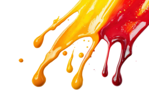 Vibrant splashes of colorful paint create an abstract masterpiece, blending shades of red, orange, and yellow with dynamic fluidity and energy. png