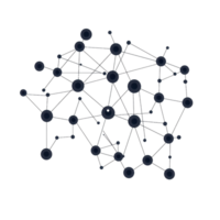 Abstract network of interconnected nodes representing complex communication, data flow, and digital connections on a dark background. png