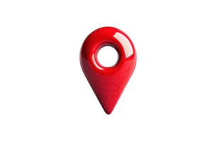 Glossy red map pin icon isolated on a transparent background. representing location and navigation concepts with vibrant 3D design. png