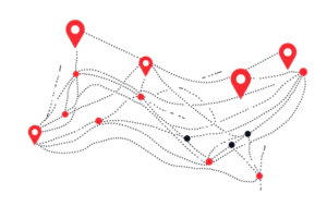 Abstract layout of interconnected red location pointers representing a network or GPS mapping system on a transparent background. png