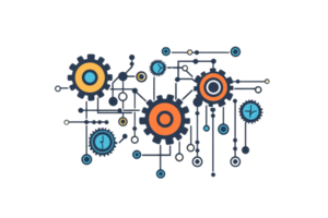 Abstract network illustration with interconnected gears symbolizing technology and innovation, featuring a digital and mechanical theme. png
