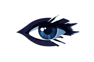 Artistic illustration of a striking blue eye, with bold, abstract elements surrounding it, symbolizing vision and creativity. png