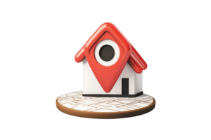 3D illustration of a house with a map pin icon, representing real estate, navigation, and property location concepts. png