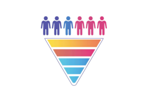 Colorful illustration of a funnel with human figures in gradient hues, symbolizing teamwork, diversity, and collaboration in a business context. png