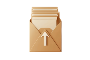 3D rendering of an open folder with documents and an arrow, symbolizing upload or file management in a minimalist design. png