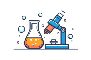Colorful illustration of a microscope and flask with bubbling liquid, symbolizing chemistry, science, and laboratory experiments. png