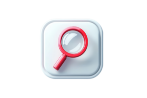 3D magnifying glass icon with red handle on white rounded square, symbolizing search or investigation in a modern digital context. png