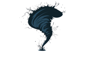 Digital illustration of a dark, abstract tornado with dynamic, swirling motion and splash elements on a transparent background. png