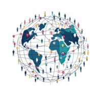 Global social network concept with interconnected world map nodes symbolizing communication, technology, and digital connectivity. png
