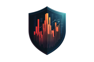 Digital shield with vibrant data visualization, symbolizing cybersecurity protection and data analysis with futuristic graphics. png