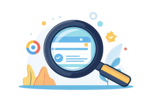 Colorful digital illustration of a magnifying glass inspecting a webpage, surrounded by various icons and abstract shapes, symbolizing exploration. png