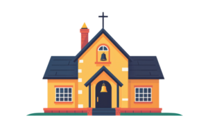 Charming cartoon-style house with chimney and cross. Perfect for themes of home, warmth, and community. Vibrant and inviting design. png