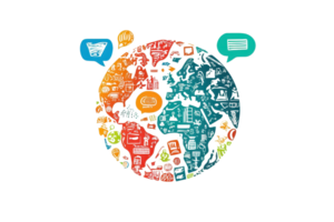 Colorful abstract globe with icons and speech bubbles representing global communication and technology interconnectedness. png