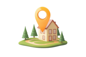 3D illustration of a cozy house with trees and a location pin symbolizing home, navigation, and real estate concepts. png