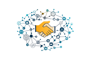 Digital network concept showcasing global technology connections and collaboration with a handshake in a networked digital background. png