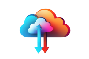 Colorful cloud illustration with arrows indicating data upload and download, symbolizing cloud computing and data transfer technology. png