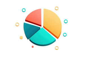 Colorful 3D pie chart illustration with multiple segments and floating icons. Perfect for business, finance, and data visualization concepts. png