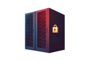 Colorful data server with digital lock symbolizing cybersecurity, data protection, and secure online storage in a sleek modern design. png