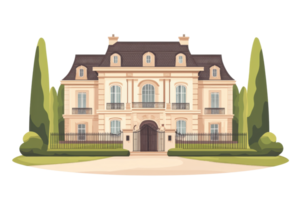 Elegant mansion with classic architecture, surrounded by lush gardens and trees, showcasing luxury and sophistication in a serene setting. png