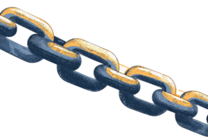 Close-up of a metal chain link against a transparent background. It represents strength, connection, and durability in industrial contexts. png