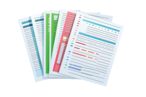 Colorful business report documents featuring data visualization and charts, ideal for presentations and analysis in a corporate setting. png