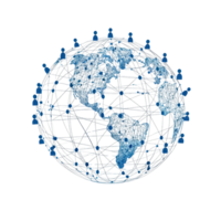 Digital network globe with connected dots representing global communication and data exchange technology on a transparent background. png