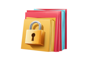 Colorful folders with attached padlock symbolizing data protection, privacy, and secure document storage on a digital platform. png