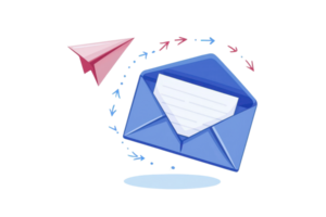 Illustration of an open blue envelope with a paper plane, symbolizing digital communication and correspondence. png