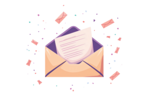 Illustration of an open envelope with a paper inside, surrounded by scattered petals and sparkles, symbolizing communication and celebration. png