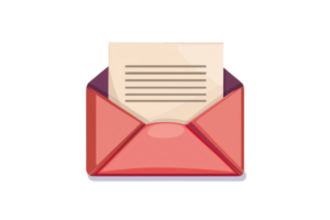 Illustration of a red envelope with an inserted letter, representing communication, correspondence, or message delivery in digital format. png