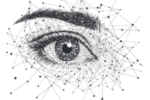 Abstract digital art of a pixelated eye with a geometric network, symbolizing technology and human connection. Perfect for tech-themed projects. png