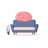 Illustration of a brain resting on a sofa, symbolizing mental relaxation and creativity with a touch of humor and surrealism. png