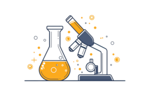 Illustration of a microscope and a beaker with orange liquid, representing scientific research and experiments in a lab setting. png