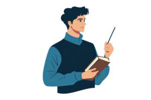 Illustration of a thoughtful man holding a book and pen, symbolizing creativity and learning against a plain background. png