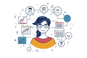 Illustration of a person surrounded by data analytics icons, representing technology and information management in a digital world. png