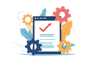 Illustration of a digital checklist with colorful gears and leaves, symbolizing organization, efficiency, and technology. png