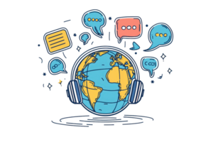 Illustration of a globe with headphones surrounded by speech bubbles, symbolizing global communication and connectivity. png
