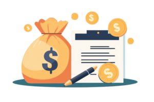 Illustration of financial growth with a money bag, dollar coins, pen, and clipboard, symbolizing business investment and savings. png