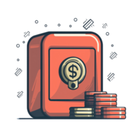 Illustration of a secure vault with dollar symbol and stacked coins, representing financial security and savings. png