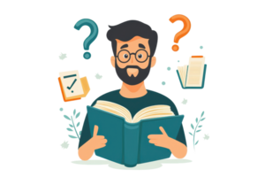 Illustration of a thoughtful man reading a book, surrounded by question marks and notes, conveying curiosity and learning. png