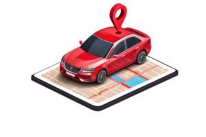 Illustration of a red car on a digital map, representing navigation, GPS, and online location tracking services. png