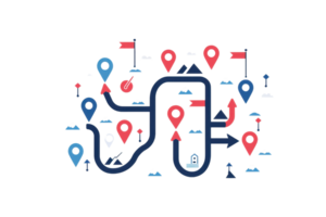 Illustration of a navigational path with location markers and arrows, symbolizing direction, travel, and map navigation. png